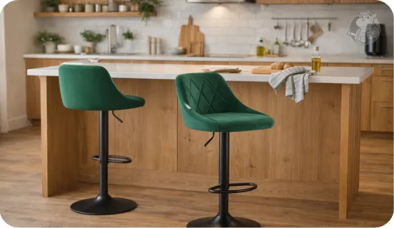 butelkowo zielone hokery Henrik przy wsypie kuchennej w przytulnej kuchni